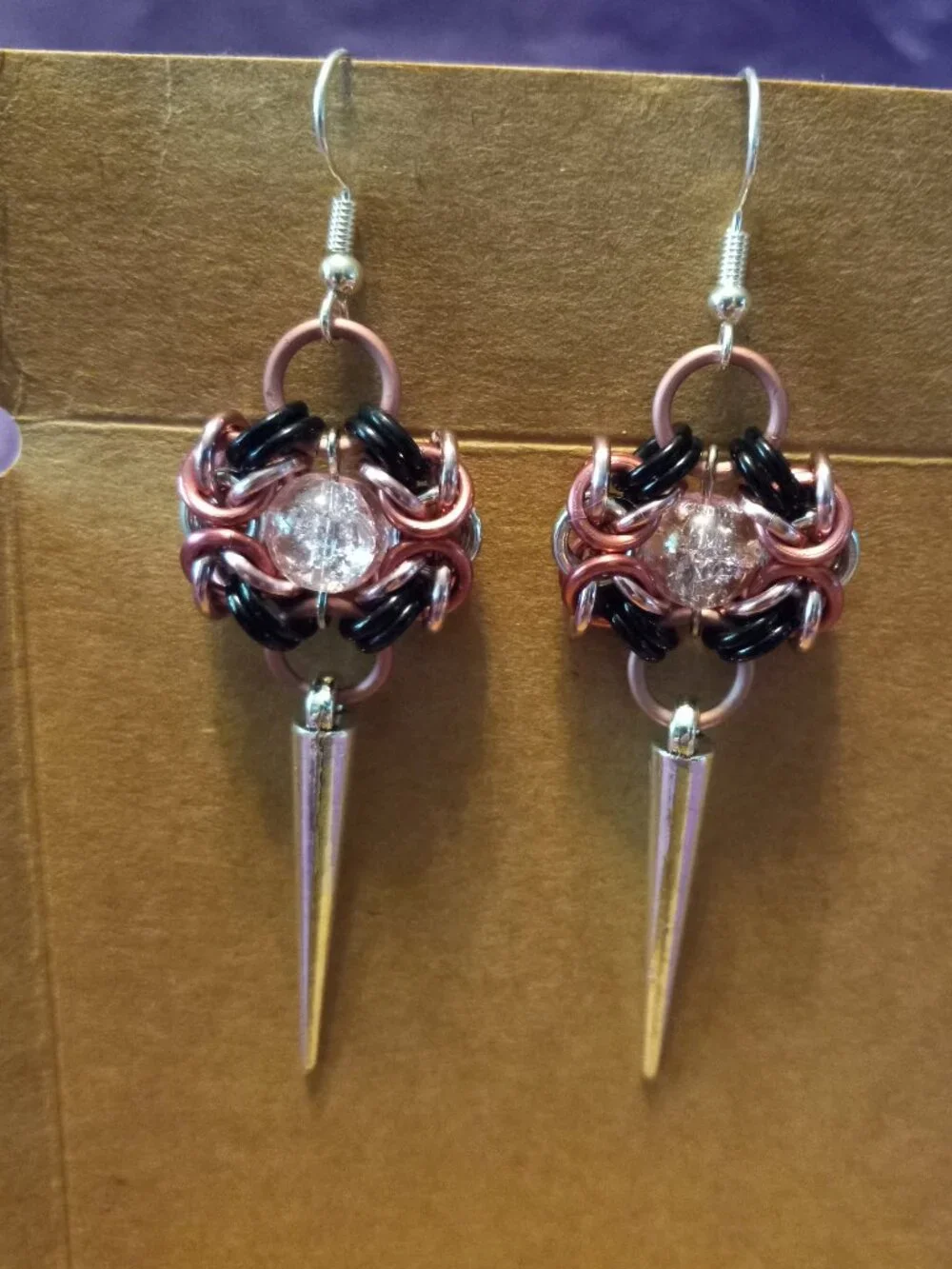 Pink Romanov Byzantine spiked Chain Mail Earrings